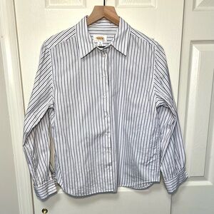 Talbots White and Navy Classic Pinstriped Oxford Shirt